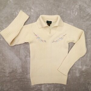Chego Vintage Cream Floral Embroidered Angora Wool Blend Collared Sweater Medium